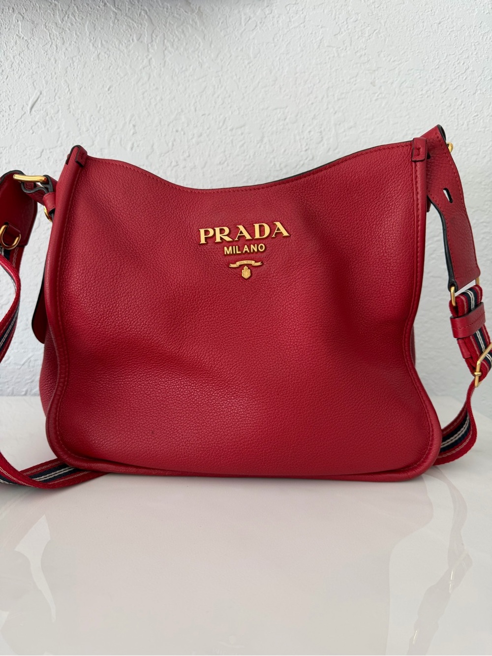 Prada Red Pebbled Leather Shoulder Bag with Gold Logo